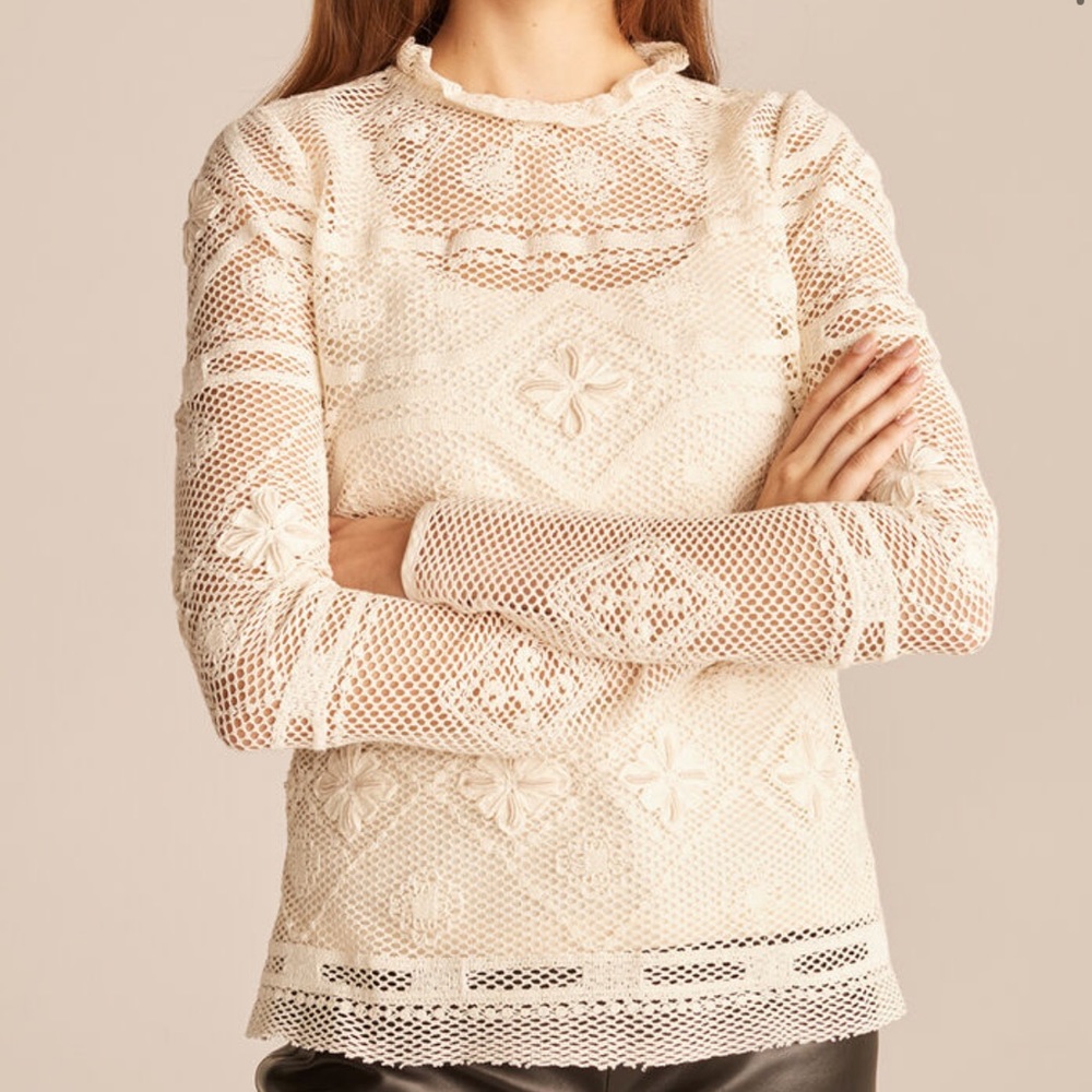 Rebecca Taylor Embroidered Mesh Mock Neck Top